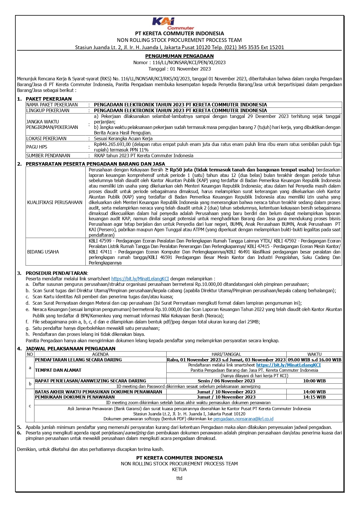 2 pengumuman 116 pengadaan elektronik tahun 2023 pt kci page 0001